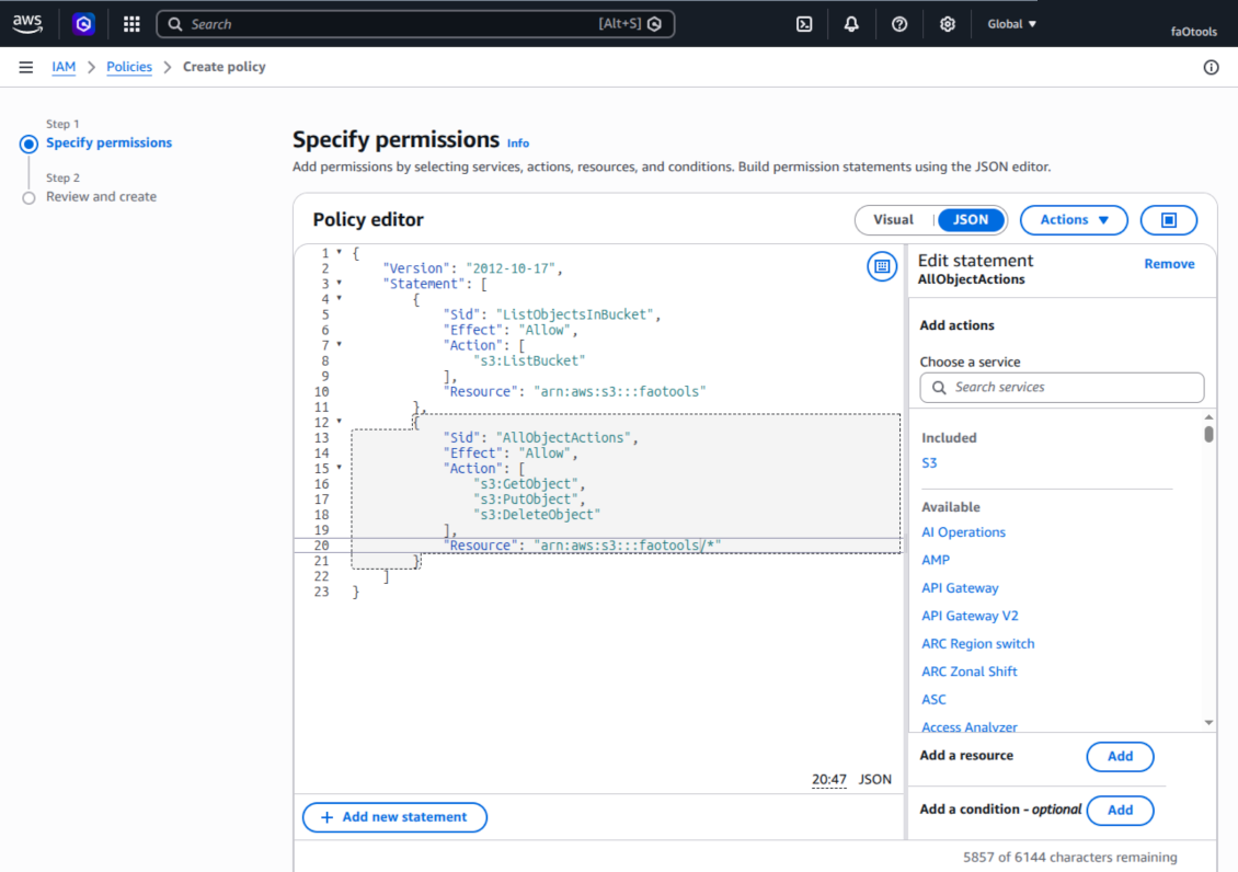 Example JSON policy granting ListBucket, GetObject, PutObject and DeleteObject on the S3 bucket